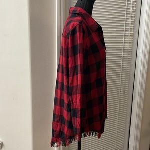 Karen Seo 100% Viscose Red Plaid Button Down Fringe Hem Shirt
